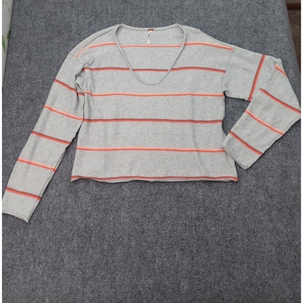 Free People Sweater Womens Medium Gray Pink Striped Deep V Neck Soft Stretch